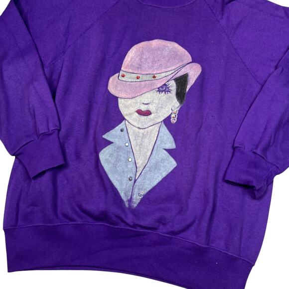 Vintage 90s Red Hat Society Rhinestones Crewneck Sweatshirt Purple Womens Medium - Picture 3 of 4